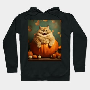 Retro Vintage: Chubby Cat and Pumpkin - Whimsical Autumn Halloween Delight Hoodie